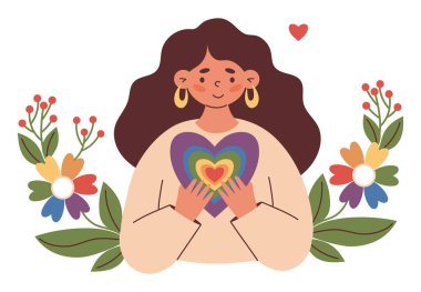 Gökkuşağı LGBT Kalbi olan kadın. LGBTQ topluluğu. Neşeli lezbiyen esmer kız ve renkli çiçekler. LGBT desteği için Düz Vektör İllüstrasyonu, Bayram Gurur Ayı, Birlik, Çeşitlilik ve eşit sevgi 