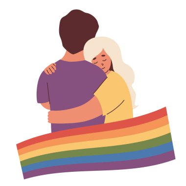Mutlu LGBTQ İnsanlar birbirine aşık. Gurur Sembolü Gökkuşağı Bayrağı. Çeşitliliği ve kendini ifade etmeyi destekliyor. LGBT topluluğu. Gurur Ayı için lezbiyen çift, birlik ve sevgi. Düz Vektör İllüstrasyonu. 