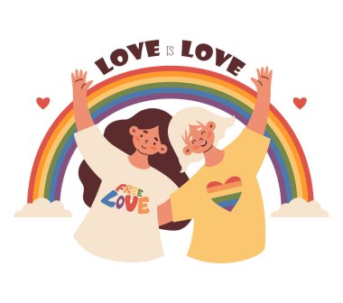 Büyük gökkuşaklı mutlu LGBT Kadın Lezbiyenler. Gurur Ayı. LGBTQ Onur Yürüyüşü. Aşk aşktır. Vektör İllüstrasyonu. Gurur bayramı, birlik, çeşitlilik ve eşit sevgi için renkli, neşeli LGBT destek görüntüsü
