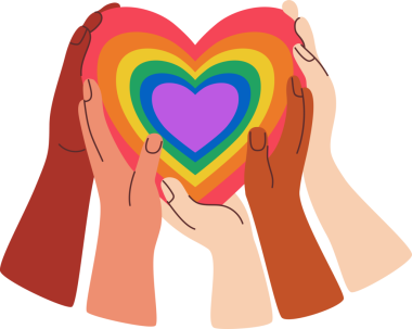 Gurur ayı. Gökkuşağı LGBT Kalbi ile Çeşitli Eller