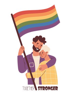 LGBT İnsanları Gökkuşağı Bayrağı Tutuyor. Mutlu beyaz çift nazikçe sarılıyor. LGBTQ Onur Yürüyüşü. Çeşitliliği ve kendini ifade etmeyi destekliyor. Gurur Ayı için Vektör İllüstrasyonu, birlik ve eşit sevgi