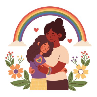 Gökkuşağının altında kucaklaşan mutlu zenci lezbiyen çift. Gurur Ayı. LGBTQ topluluğu. Vektör İllüstrasyonu. Tatil, birlik, çeşitlilik ve eşit sevgi için romantik bağlantı LGBT destek görüntüsü