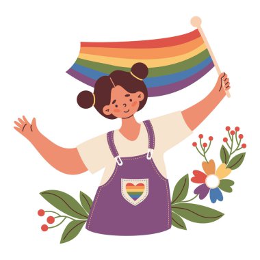 LGBTQ Onur Kutlaması. Gökkuşağı Bayraklı Kadın. Gurur ve aşkı kutluyoruz. LGBT, Gurur Ayı, birlik, çeşitlilik ve eşit sevgi için tatlı lezbiyen kızı destekliyor. Düz Vektör İllüstrasyonu