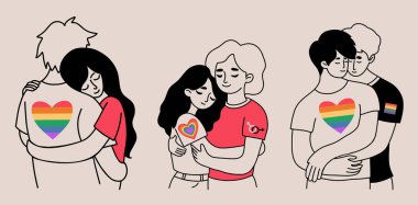 LGBTQ Aşık Çiftler seti. Sevimli Mutlu İnsanlar nazikçe sarılıyor. LGBT topluluğu. Minimalist el yapımı Doodle 'ı izole et. Gurur Ayı için Vektör İllüstrasyonu, birlik ve eşit sevgi