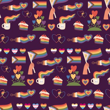 Gurur ayı. Kusursuz desenli LGBT Gökkuşağı Kalpleri, bayraklar, semboller ve koyu mor arka planda işaretler. LGBTQ topluluğu. Moda tatil arkaplanı. Düz biçimli vektör illüstrasyonu