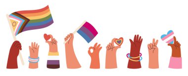 LGBTQ Çeşitli Eller Gökkuşağı Gurur Bayrakları ve Kupa Koleksiyonu. LGBT topluluğu. Tatil Gururu Ayı. Şenlik tasarımı için izole elementler, kart, baskı. Düz biçimli vektör illüstrasyonu