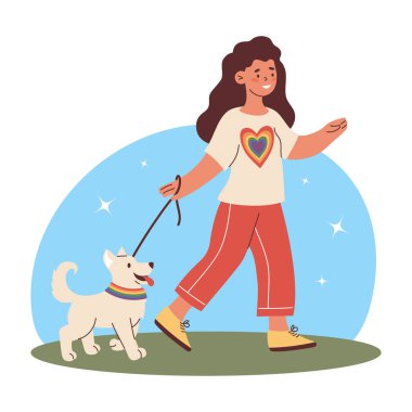 LGBTQ mutlu kadın yürüyen köpek gökkuşağı kalpli gurur sembolleri. LGBT topluluğu ve yaşam tarzı. LGBTQ 'nun gurur ve neşesini kutlayan Düz Vektör İllüstrasyonu