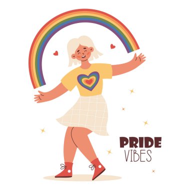 Gurur Ay Titreşimleri. Gökkuşağıyla dans eden mutlu sarışın kadın. LGBTQ topluluğu. Lezbiyen Kız, LGBT gururunu ve kendini sevmeyi simgeliyor. Düz Vektör İllüstrasyonu