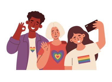 Gökkuşağı Sembollü Çeşitli LGBT Arkadaşları Selfie Çekiyor. Neşeli LGBTQ desteği, aşkı, kimliği ve eşitliği kutlamak. Gurur Ayı için Düz Vektör İllüstrasyonu, Birlik ve Eşit Aşk