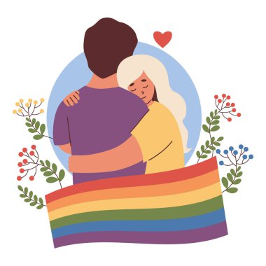 LGBTQ insanları sarılmayı çok sever. Gurur Gökkuşağı Bayrağı. Çeşitliliği ve kendini ifade etmeyi destekliyor. LGBT topluluğu. Gurur Ayı için lezbiyen çift, birlik ve sevgi. Düz Vektör İllüstrasyonu