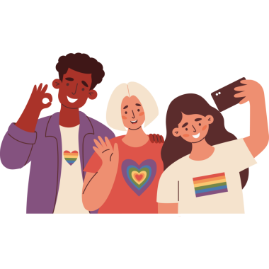 Çeşitli LGBT dostları birlikte selfie çekiyorlar. Neşeli LGBTQ desteği