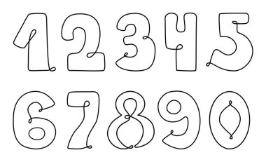 Bir Aralıksız Sayılar Çizgisi Çizimleri. Minimalist, basit, doğrusal Arapça rakamlar. El yazısıyla çizilmiş semboller. Vektör İllüstrasyonu. Monolin vuruşu. Beyazda izole edilmiş. Yapay zeka değil