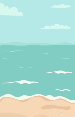 Deniz manzarası, turkuvaz suyu, dalgalar ve bulutlu gökyüzü. Vektör çizimi. Minimalist düz tarzda deniz doğası ile dikey poster