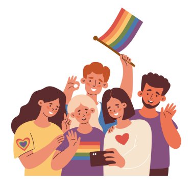 Gökkuşağı Bayraklı çeşitli LGBT insanları birlikte selfie çekiyorlar. Unutulmaz an dostlar. Neşeli LGBTQ desteği, aşkı, kimliği ve eşitliği kutlamak. Gurur Ayı Vektör İllüstrasyonu, Birlik 