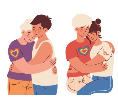 Eşcinsel bir çift. LGBTQ topluluğu. Mutlu lezbiyen çift kucaklaşması. İzole Vektör İllüzyonu. Gurur Ayı, birlik, çeşitlilik ve eşit sevgi için romantik bağlantı LGBT destek görüntüsü