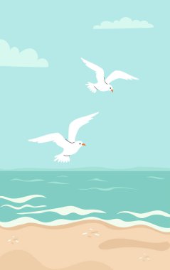 Bir çift Uçan Kuşlar Martısı. Deniz manzarası, turkuvaz suyu, dalgalar ve bulutlu gökyüzü. Vektör çizimi. Minimalist düz tarzda deniz doğası olan dikey arkaplan posteri