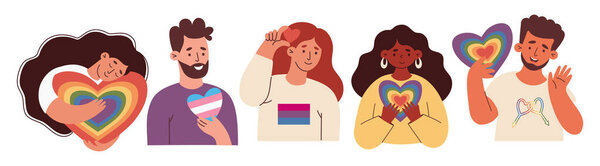 Pride Month LGBT Diverse People set. Happy lesbian girl and gay with Rainbow heart. LGBTQ Pride Parade. LGBTQ support, celebrating love, identity and equality. Vector Illustration