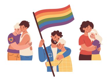 LGBT insanları hazır. Mutlu çift nazikçe sarılıyor ve Gökkuşağı Bayrağını tutuyor. LGBTQ Onur Yürüyüşü. Çeşitliliği ve kendini ifade etmeyi destekliyor. Gurur Ayı için Vektör İllüstrasyonu, birlik ve eşit sevgi