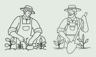 Erkek bahçıvanlar bahçede fidanlar ve bitkilerle çalışıyorlar. Kürekli iki adam çiftçi. İzole edilmiş dış hat çizimi. Vektör illüstrasyonu