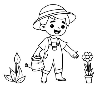 Şapkalı ve tulumlu şirin çocuk çiftçi. Bahçe aletleriyle çocuk bahçeleri. Teneke kutuları bitkilerle suluyorlar. İzole edilmiş doğrusal çizim çizimi. Vektör illüstrasyonu