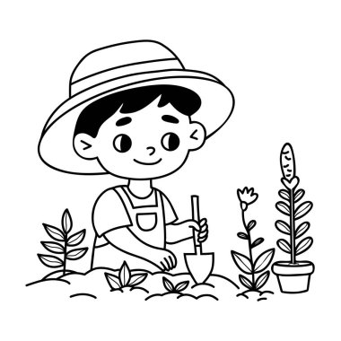Kürekle Şirin Çocuk Bahçesi. Şapkalı çocuk bahçe aletleriyle bahçeyi kazıyor ve bitki dikiyor. Doğrusal el çizimi. Vektör illüstrasyonu