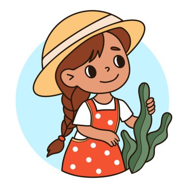 Şapkalı şirin bir kız. Bitki yetiştiren çocuk çiftçisi. Renkli el çizimi. Vektör illüstrasyonu