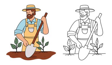 Sakallı çiftçi, bahçe aletli kürekle. Erkek bahçıvan seti. İzole edilmiş Renk ve Çizgi Çizimi. Vektör illüstrasyonu