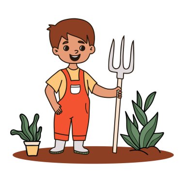 Pitchfork 'la bahçıvanlık yapan sevimli çocuk. Alet ve bitkilerle çocuk çiftçi karakteri. El boyası karalama. Vektör illüstrasyonu