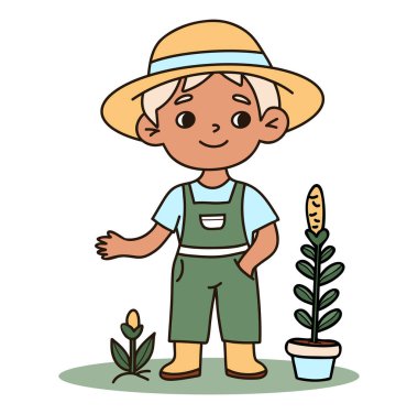 Şapkalı ve tulumlu sevimli sarışın bahçıvan çocuk. Saksısı olan çocuk çiftçi karakteri. El boyası karalaması. Vektör illüstrasyonu