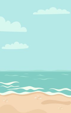 Deniz manzarası, kumlu kıyı şeridi, yumuşak dalgalar ve bulutlu gökyüzü. Vektör çizimi. Minimalist düz tarzda deniz doğası ile dikey poster