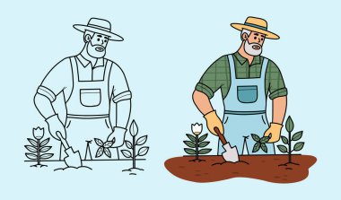 Gri saçlı olgun sakallı adam çiftçi ve bahçe aletleri küreği. Erkek bahçıvan seti. İzole edilmiş Renk ve Çizgi Çizimi. Vektör illüstrasyonu