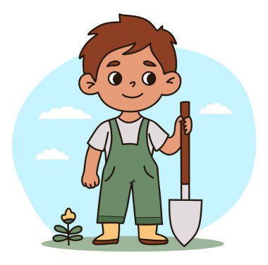 Kürekle Bahçeyle uğraşan sevimli çocuk. Tulumlu çocuk çiftçi karakteri ve çiçek desenli lastik botlar. El boyası çizimi. Vektör illüstrasyonu