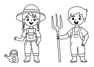 Şirin Çocuklar Bahçeyle uğraşıyor. Taslak oğlan ve kız, bahçe aletleri tırmık ve bahçe sulama kutusuyla birlikte tulum giyiyorlar. İzole edilmiş doğrusal el çizimi. Vektör illüstrasyonu