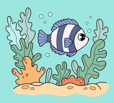 Şirin Tropikal çizgili balık deniz yosunları arasında yüzer. Skaler. Su altı deniz manzarası. Renkli El Çizimi. Vektör çizimi. Çocuk koleksiyonu