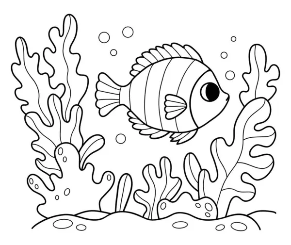 Çizgili Tropikal Balıklar mercan kayalıklarında yüzer. Boyama sayfası. Çizgi çizme. Vektör çizimi. Çocuk koleksiyonu