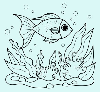 Deniz tabanında yosun ve mercanlı tropikal balıklar. Guppy Japon Balığı. Boyama sayfası. Çizgi çizme. Vektör çizimi. Çocuk koleksiyonu