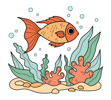 Tropikal balıklar deniz yatağında yosun arasında yüzerler. Japon balığı ve sualtı deniz manzarası. Renkli El Çizimi. Vektör çizimi. Çocuk koleksiyonu