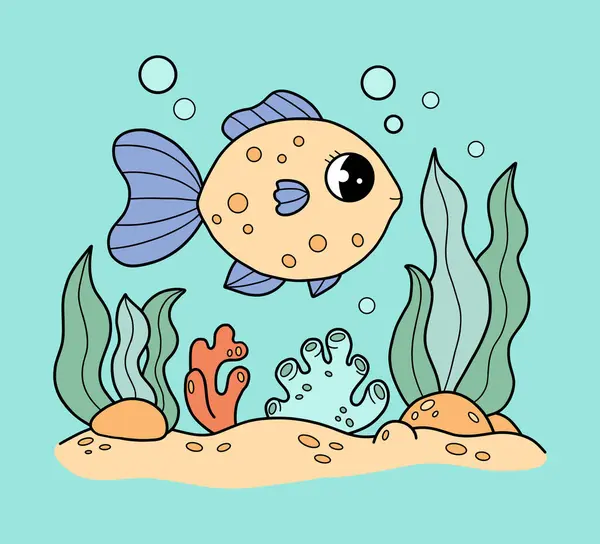 Tropik Şirin Balık deniz yosunları arasında yüzer. Su altı deniz manzarası. Renkli El Çizimi. Vektör çizimi. Çocuk koleksiyonu