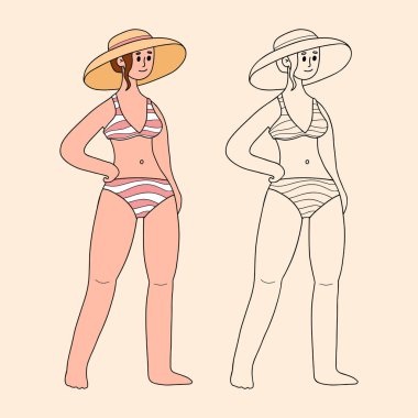 Mayolu ve plaj şapkalı hoş kadın. Kadın Karakter Kumsalı. İzole edilmiş Renk ve Çizgi Çizimi. Vektör illüstrasyonu