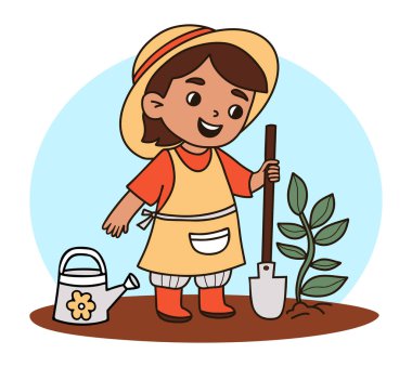 Şapkalı şirin mutlu çiftçi kız. Bahçıvan karakterli, bahçe aletli, kürek ve su dolu teneke kutuları olan bir çocuk. Renkli el çizimi. Vektör illüstrasyonu