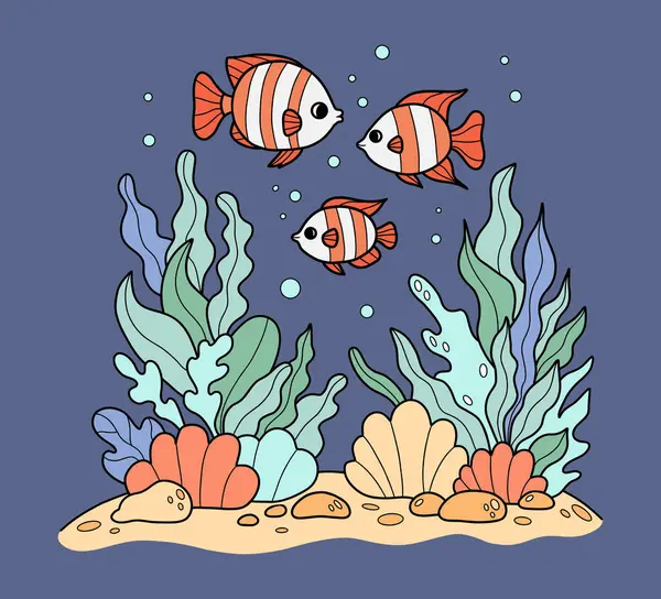 Tropik çizgili balıklar deniz yosunları, mercan resifleri ve deniz tabanında deniz kabukları arasında yüzerler. Aile mezarlığı. Su altı deniz manzarası. Renkli El Çizimi. Vektör çizimi. Çocuk koleksiyonu 