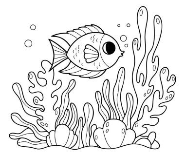 Deniz yatağı ve mercan kayalıklarında algler ve mercanlarla çizilmiş güzel tropikal balıklar. Boyama sayfası. Çizgi çizme. Vektör çizimi. Çocuk koleksiyonu 