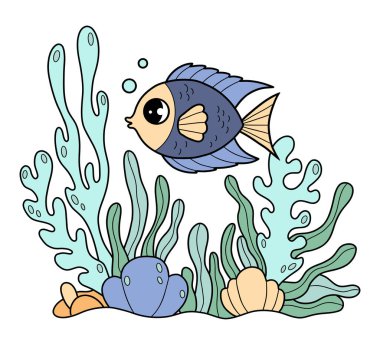 Şirin Tropikal Mavi Balık yosunların arasında yüzer. Su altı deniz manzarası. Renkli El Çizimi. Vektör illüstrasyonu