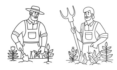 Bahçe aletleri, kürek ve yaba ile iki Outline Man Farmer. Erkek bahçıvanlar fidanlar ve bitkilerle yer yatağında çalışıyor. İzole edilmiş el çizimi. Vektör illüstrasyonu