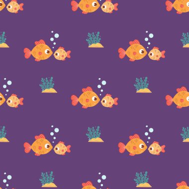 Kusursuz desen. Mor arka planda deniz yosunlu şirin büyük ve küçük balıklar. Komik çizgi film ailesi anne ve yavru hayvan. Vektör İllüstrasyonu. Çocuk koleksiyonu 