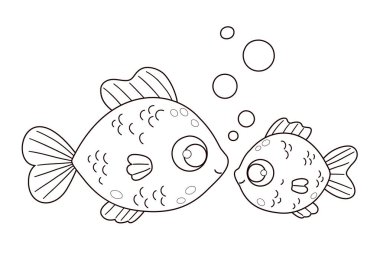 Kabarcıklı Şirin Büyük ve Küçük Balık taslağı. Anne ve bebek çizgi film hayvanı. Çizgi çizimi, boyama kitabı. Vektör çizimi. Çocuk koleksiyonu