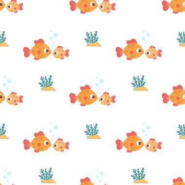 Kusursuz desen. Deniz yosunlu şirin büyük ve küçük balık. Komik Çizgi Film Ailesi Hayvan