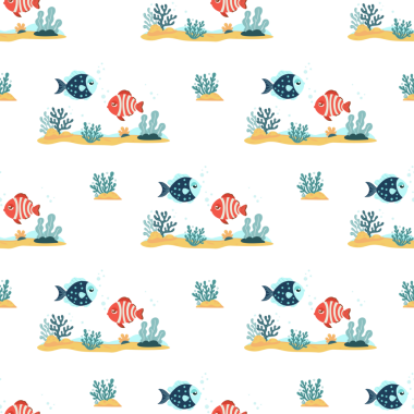 Kusursuz desen. Deniz yosunu, yosun, mercan ve deniz dipli iki tropik balık.