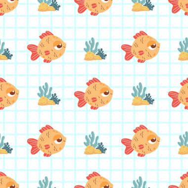 Kusursuz Deniz Modeli. Damalı arka planda şirin çizgi film Küçük Balık ve algler