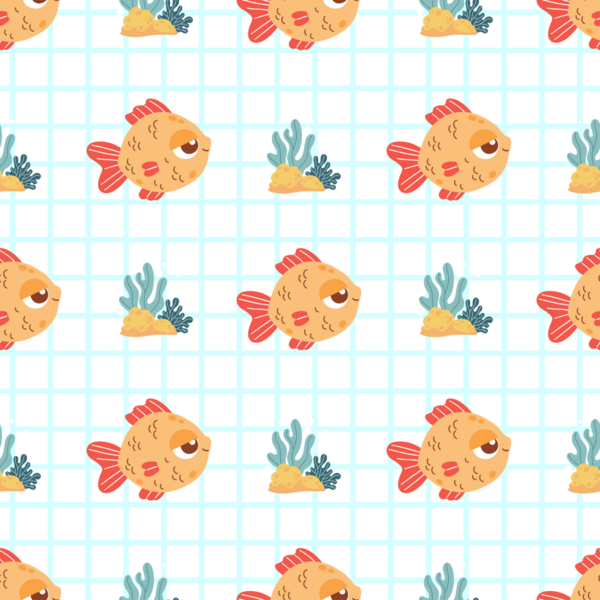 Kusursuz Deniz Modeli. Damalı arka planda şirin çizgi film Küçük Balık ve algler